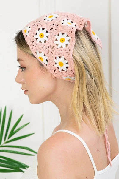 Vintage Style Pink Daisy Crochet Hair Bandana
