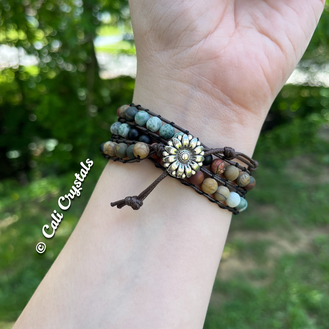 Matte Natural Stone and Leather Bracelet or Anklet Wrap
