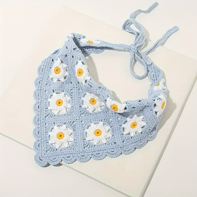 Vintage Style Dusty Blue Daisy Crochet Hair Bandana
