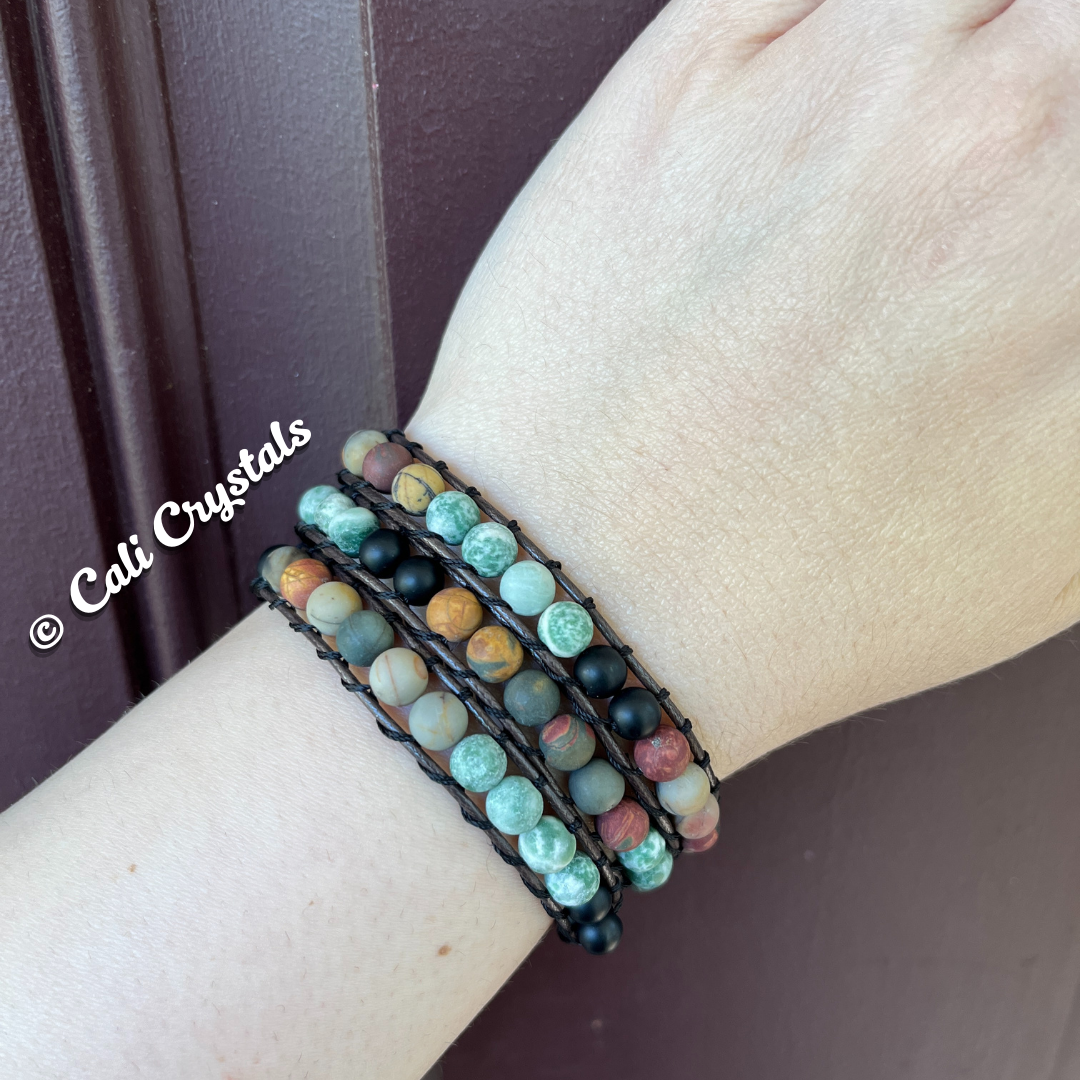 Matte Natural Stone and Leather Bracelet or Anklet Wrap