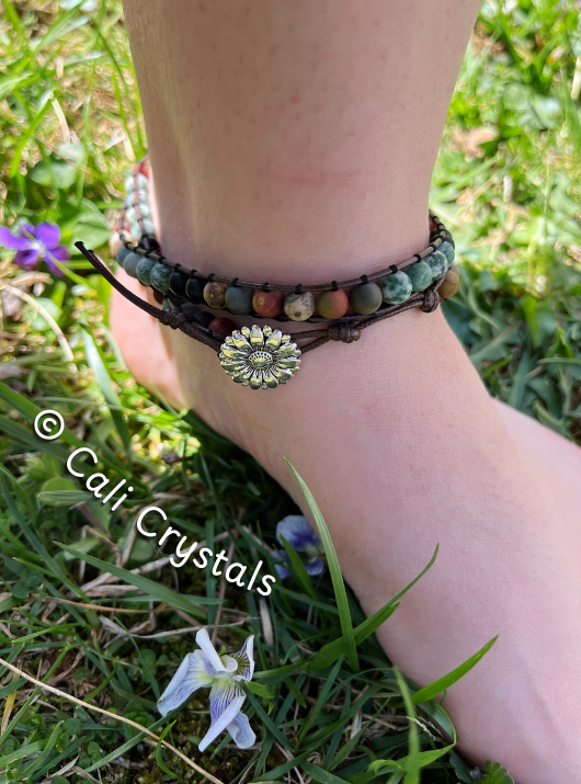 Matte Natural Stone and Leather Bracelet or Anklet Wrap