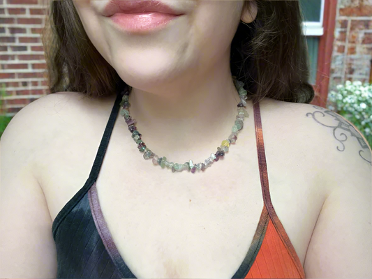 Rainbow Fluorite Natural Stone Chip Choker Necklace with Gold Accents