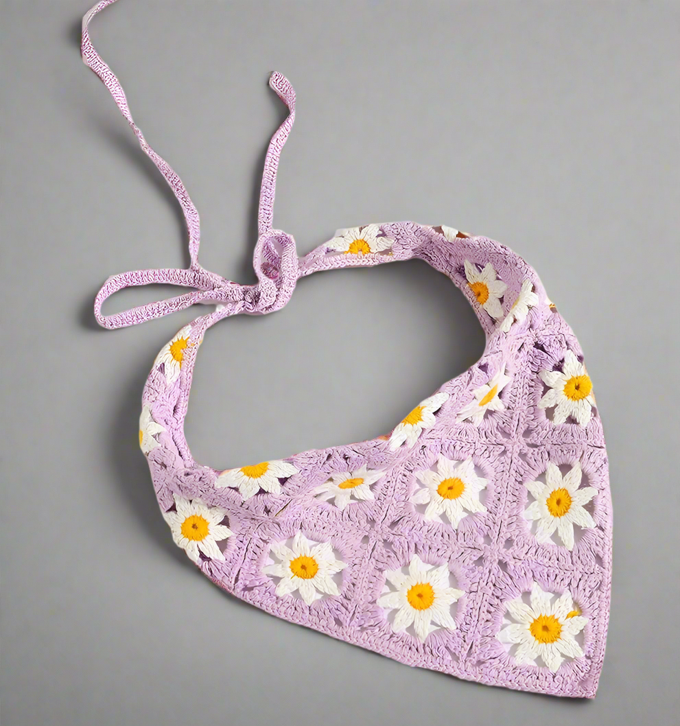 Vintage Style Lavender Purple Daisy Crochet Hair Bandana