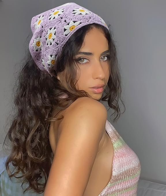 Vintage Style Lavender Purple Daisy Crochet Hair Bandana