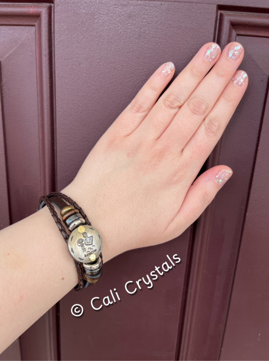 SALE! Leather and Brass Adjustable Zodiac Sign Bracelet