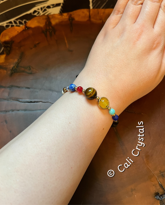 Natural Stone, Lava Rock & Crystal Glass Solar System Macrame Bracelet