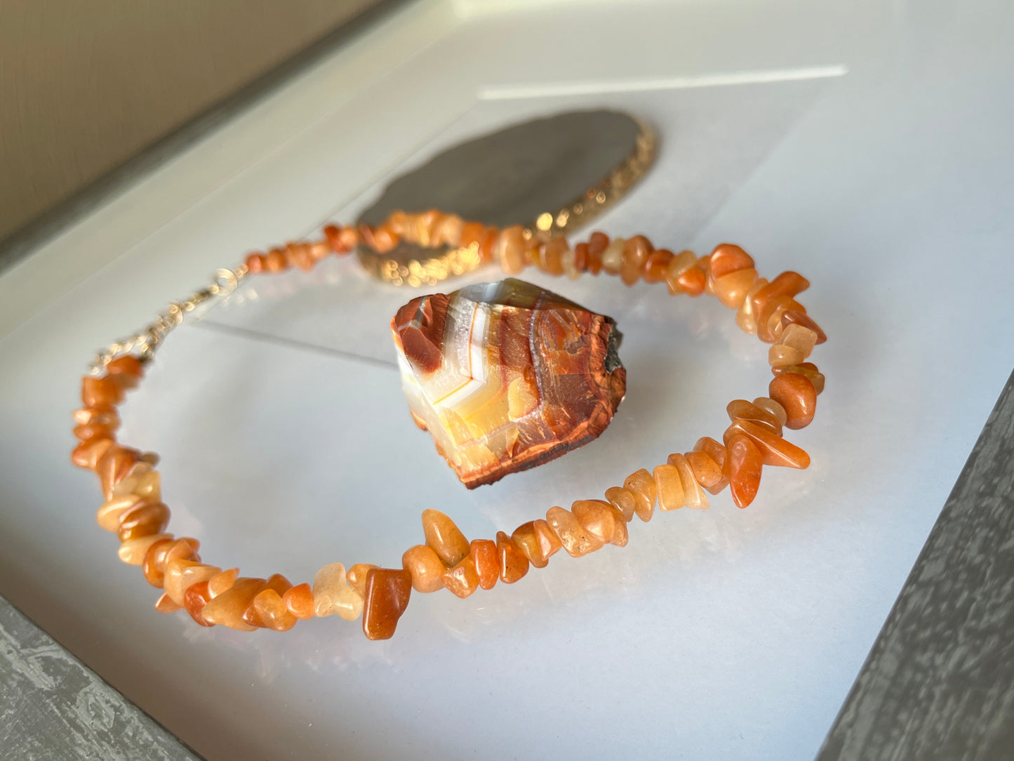 Carnelian Natural Stone Chip Choker Necklace with Gold Accents