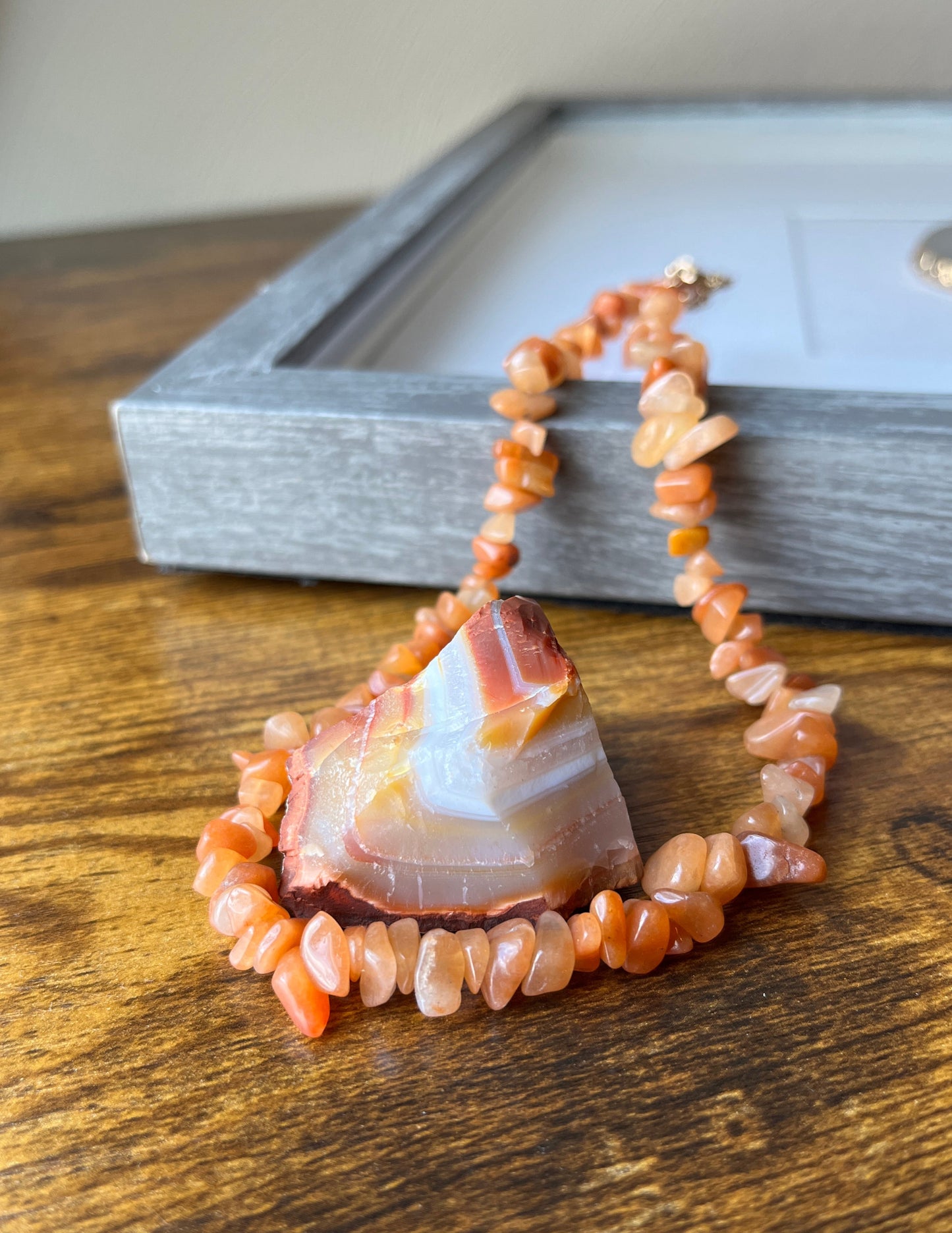 Carnelian Natural Stone Chip Choker Necklace with Gold Accents