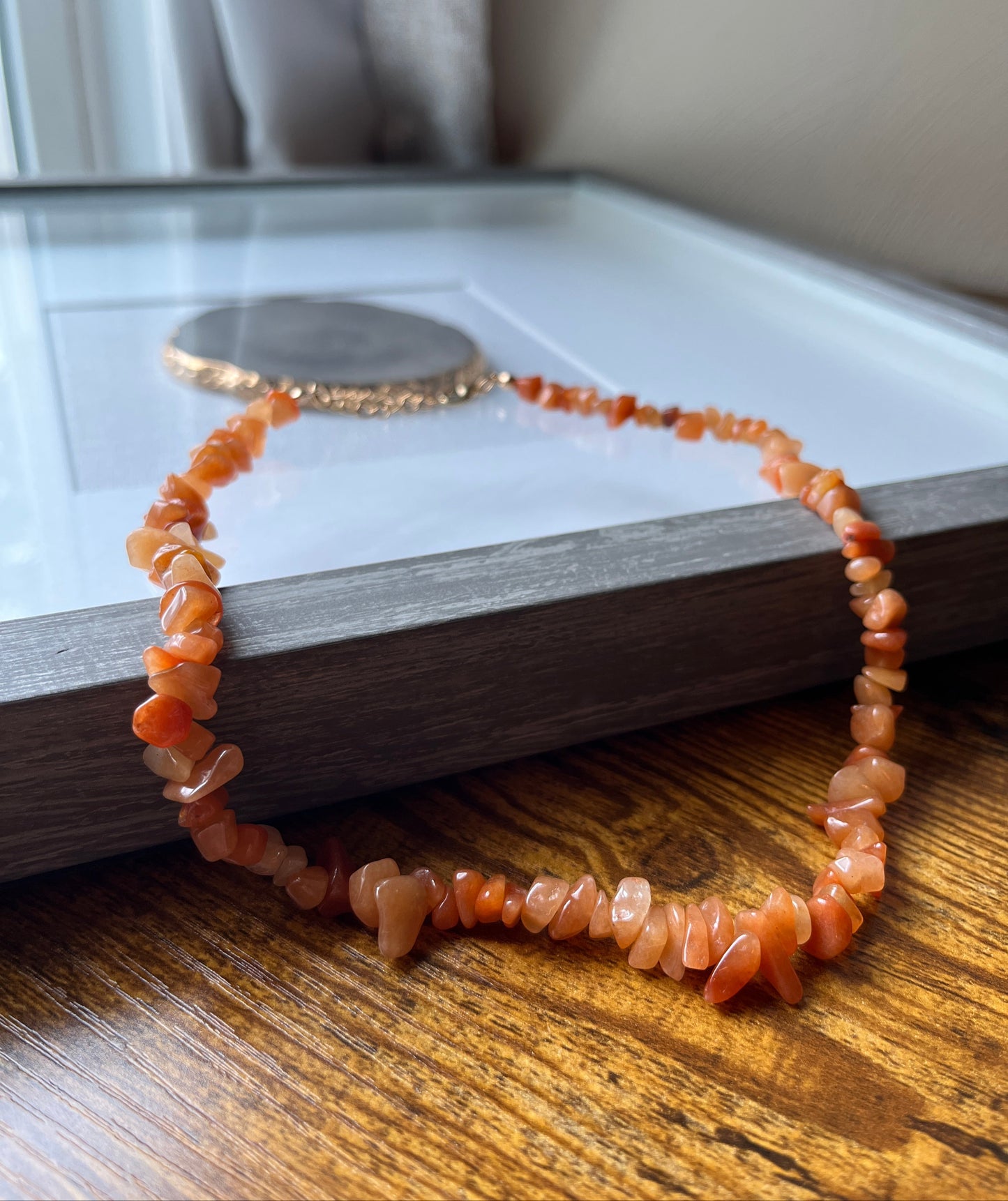 Carnelian Natural Stone Chip Choker Necklace with Gold Accents