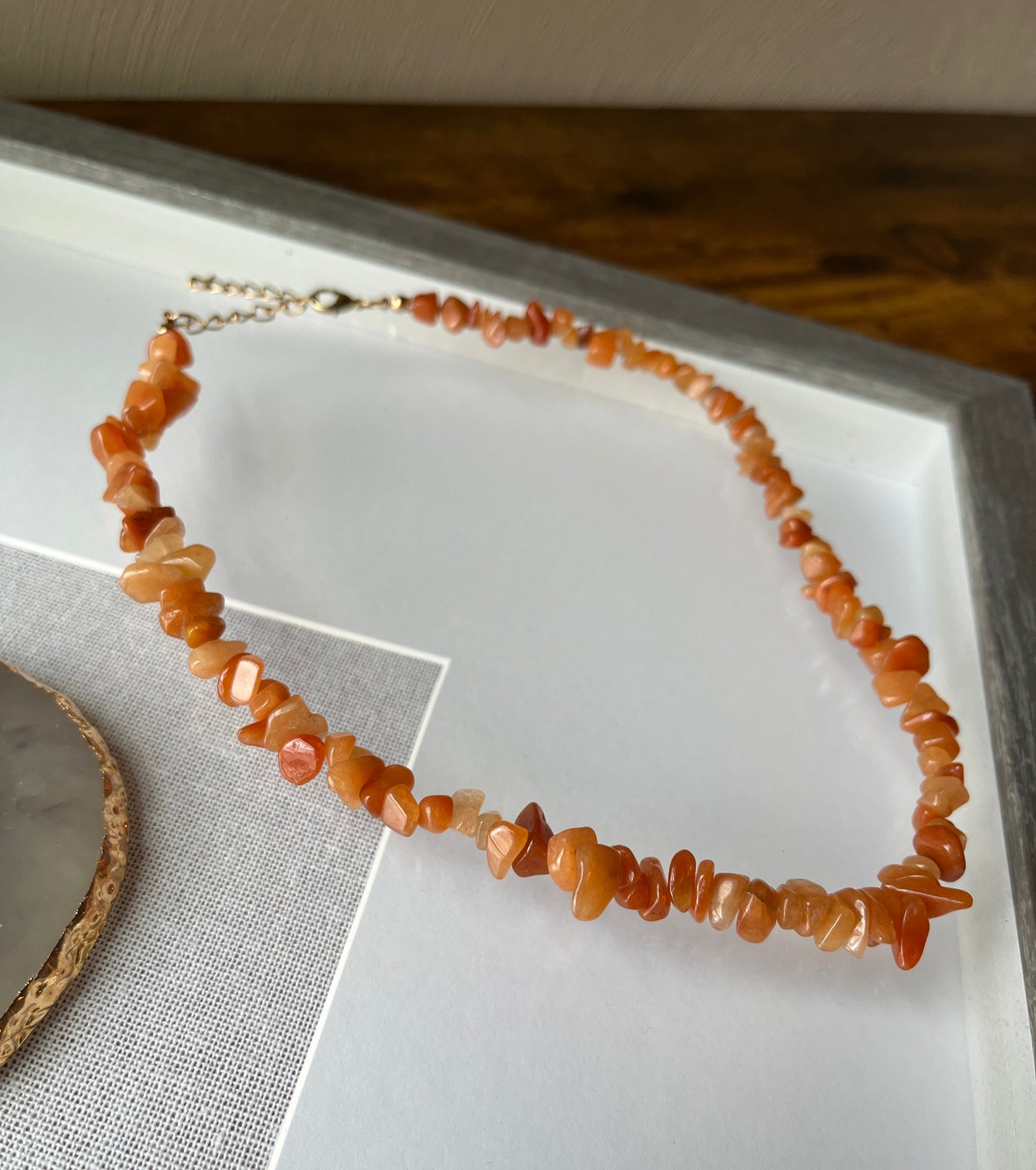 Carnelian Natural Stone Chip Choker Necklace with Gold Accents