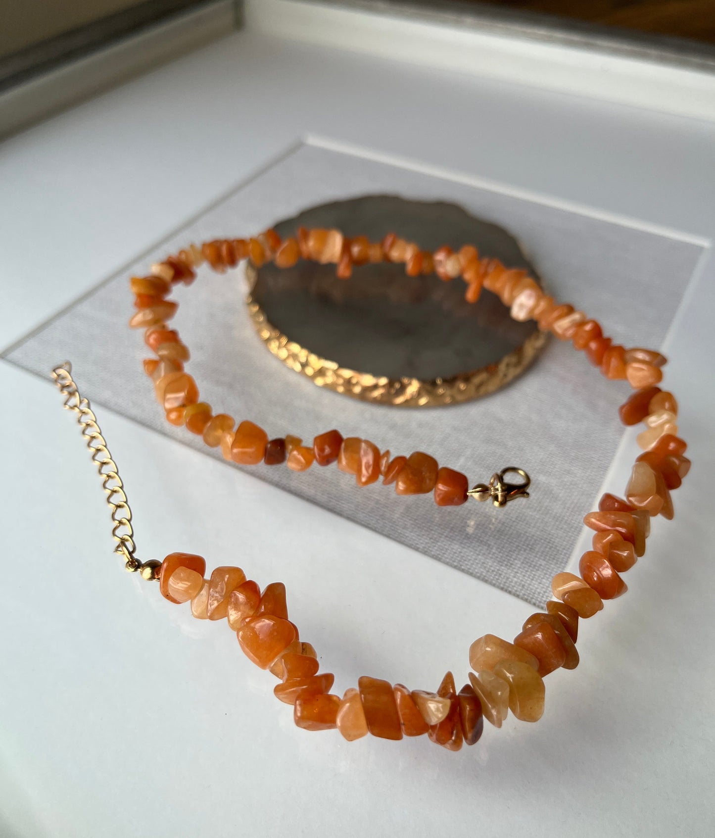 Carnelian Natural Stone Chip Choker Necklace with Gold Accents
