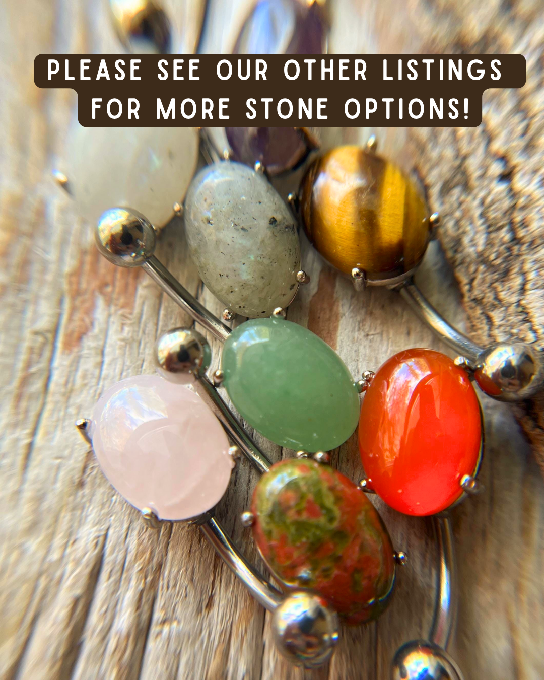 Green Aventurine Natural Stone Pronged Oval Belly Ring 316L Surgical Steel