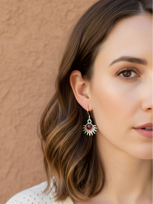 Genuine Garnet Natural Stone Aztec Sun Earrings