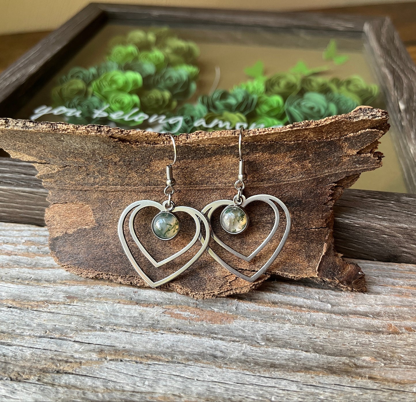 Moss Agate Natural Stone Y2K Style Heart Earrings
