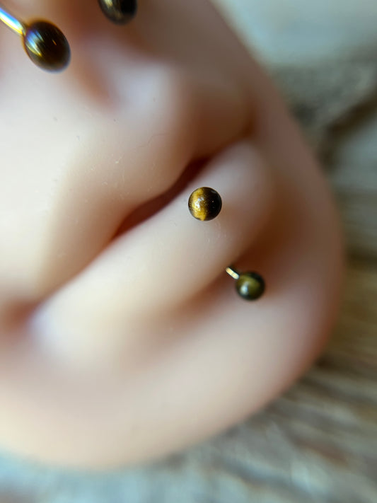 Yellow Tiger's Eye Natural Stone 16G Rook / Vertical Lip Piercing Barbell