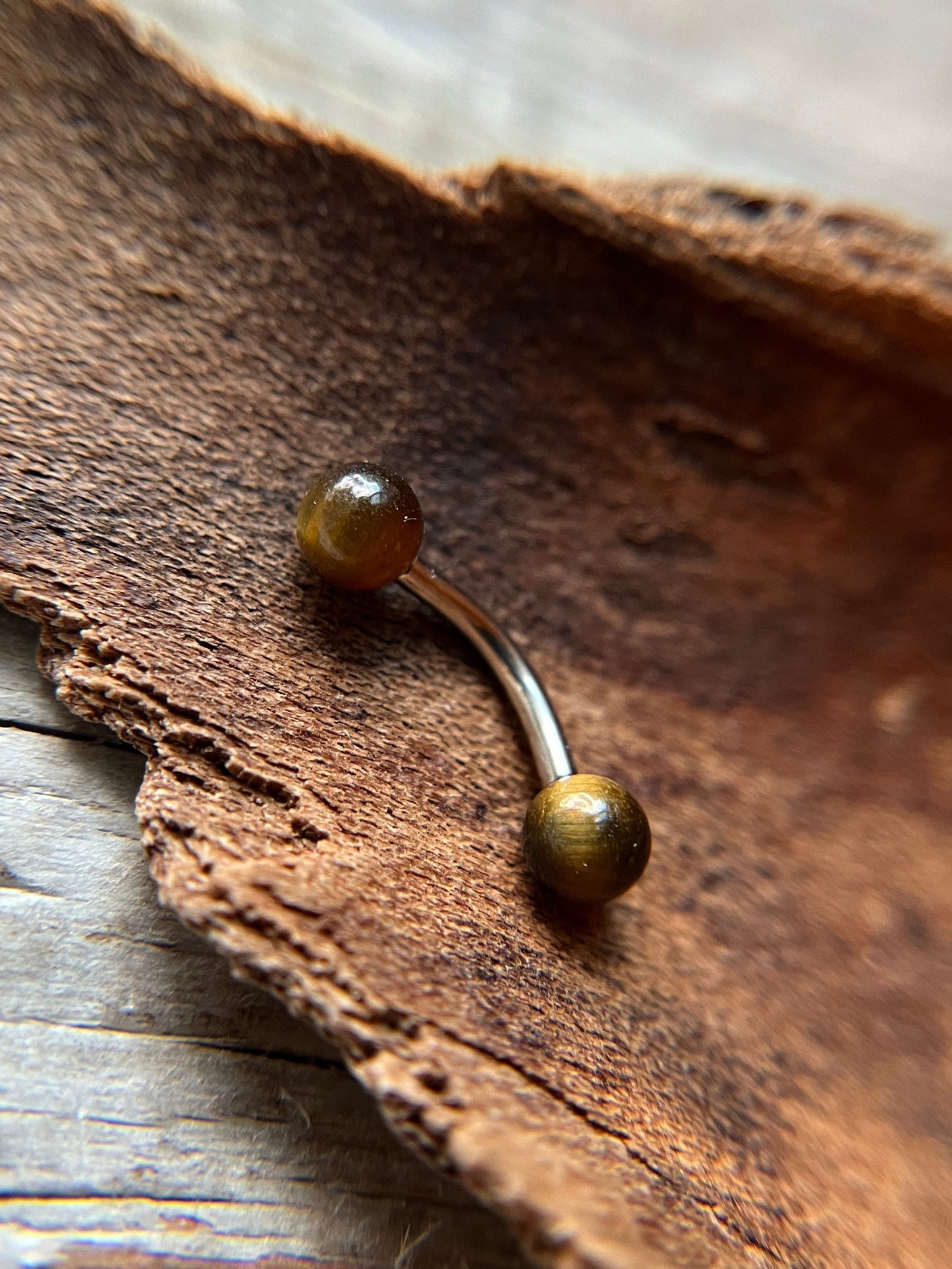 Yellow Tiger's Eye Natural Stone 16G Rook / Vertical Lip Piercing Barbell