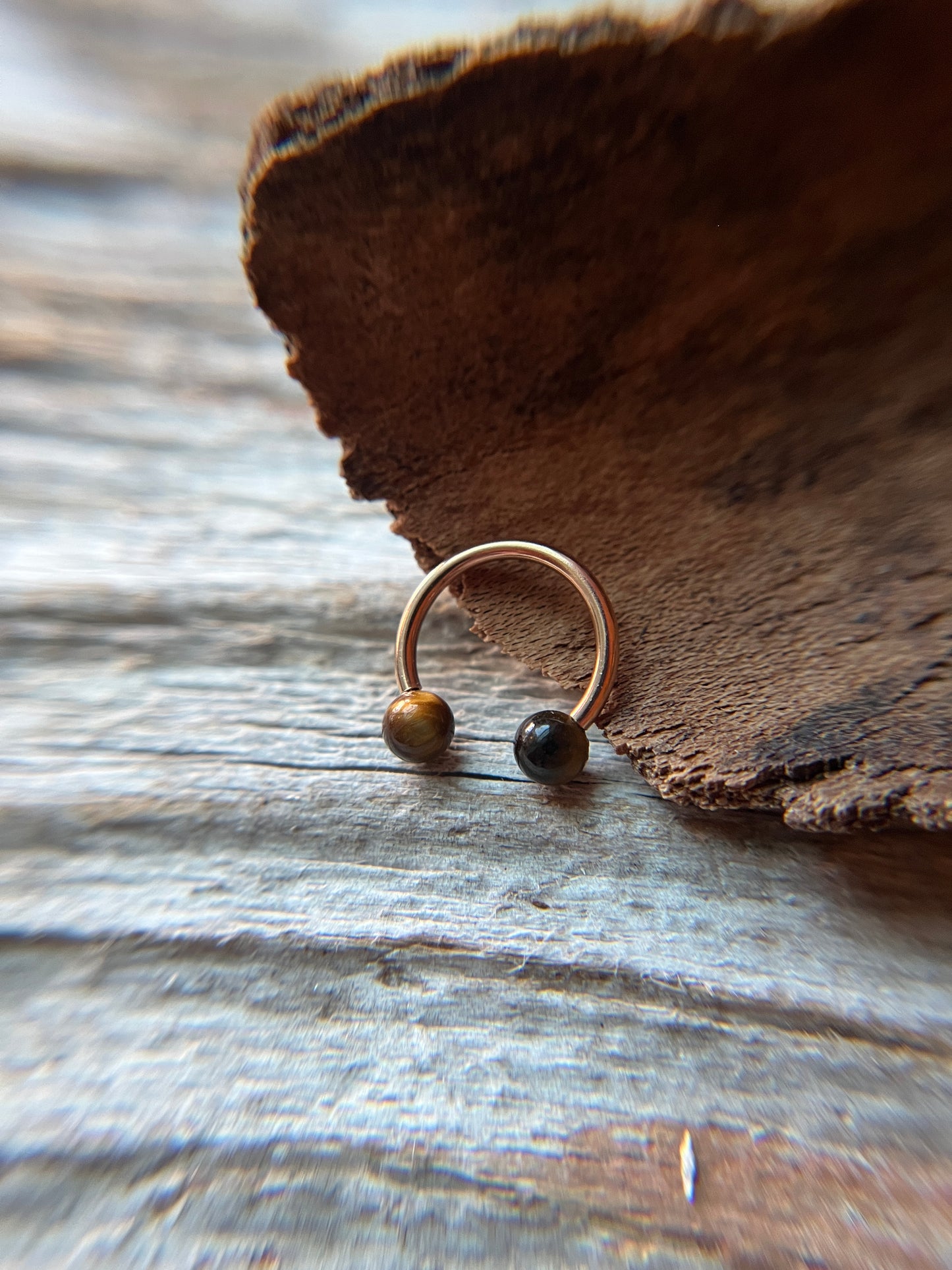 Yellow Tiger's Eye Natural Stone Rose Gold Titanium Ion Plated Horseshoe Ring
