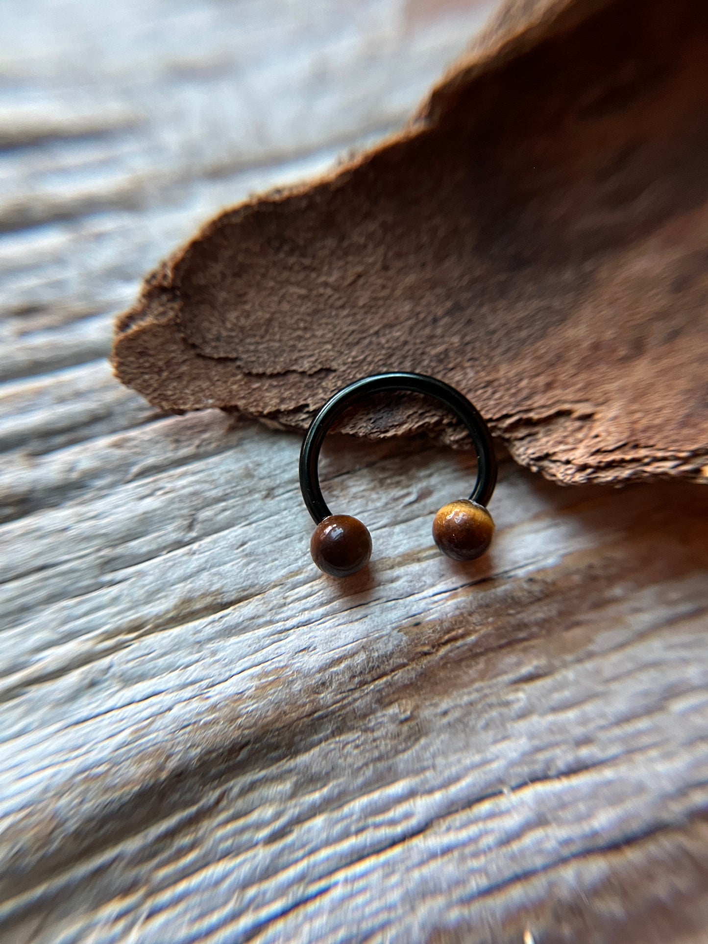 Yellow Tiger's Eye Natural Stone Black Titanium Ion Plated Horseshoe Ring