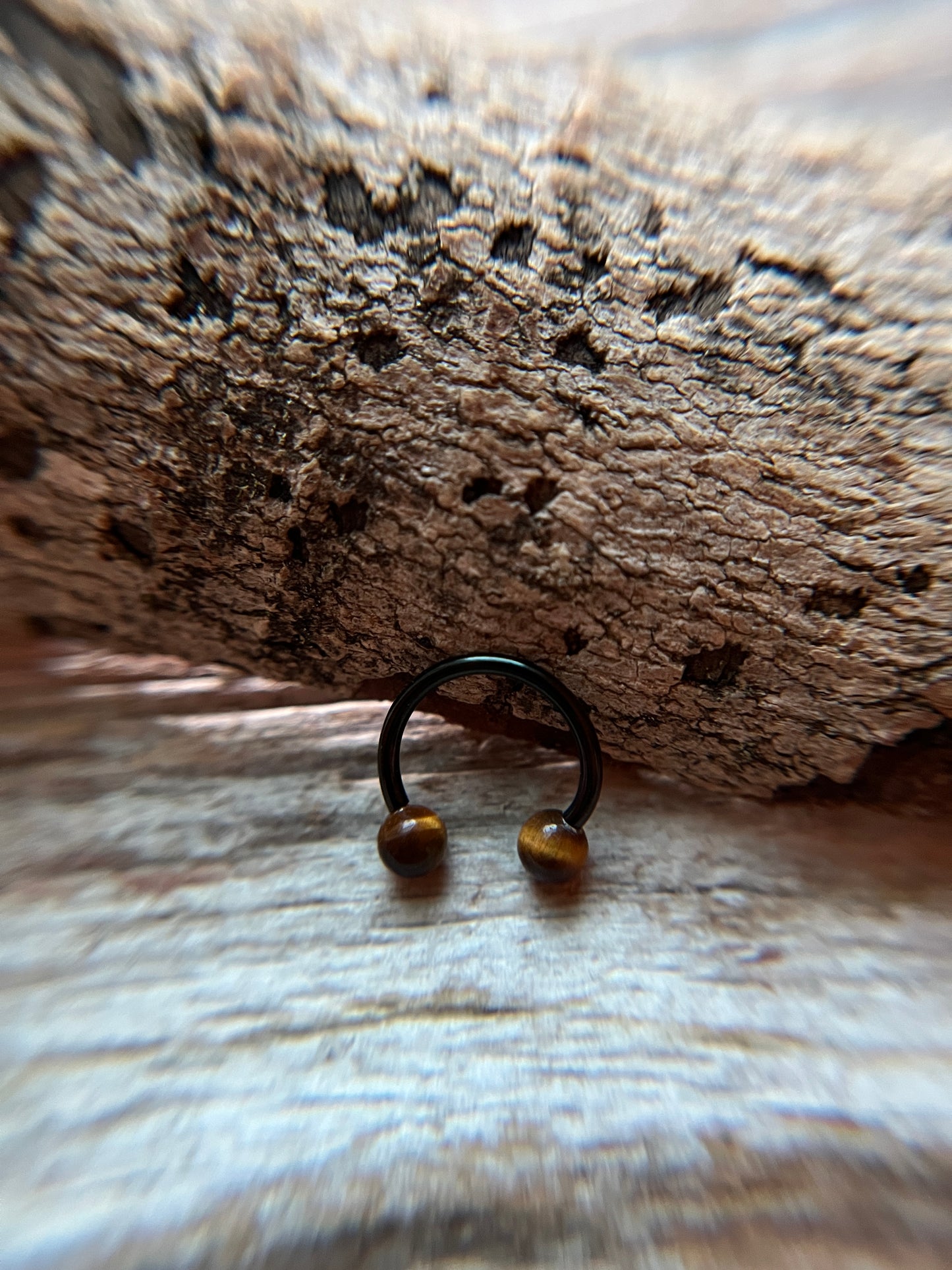 Yellow Tiger's Eye Natural Stone Black Titanium Ion Plated Horseshoe Ring