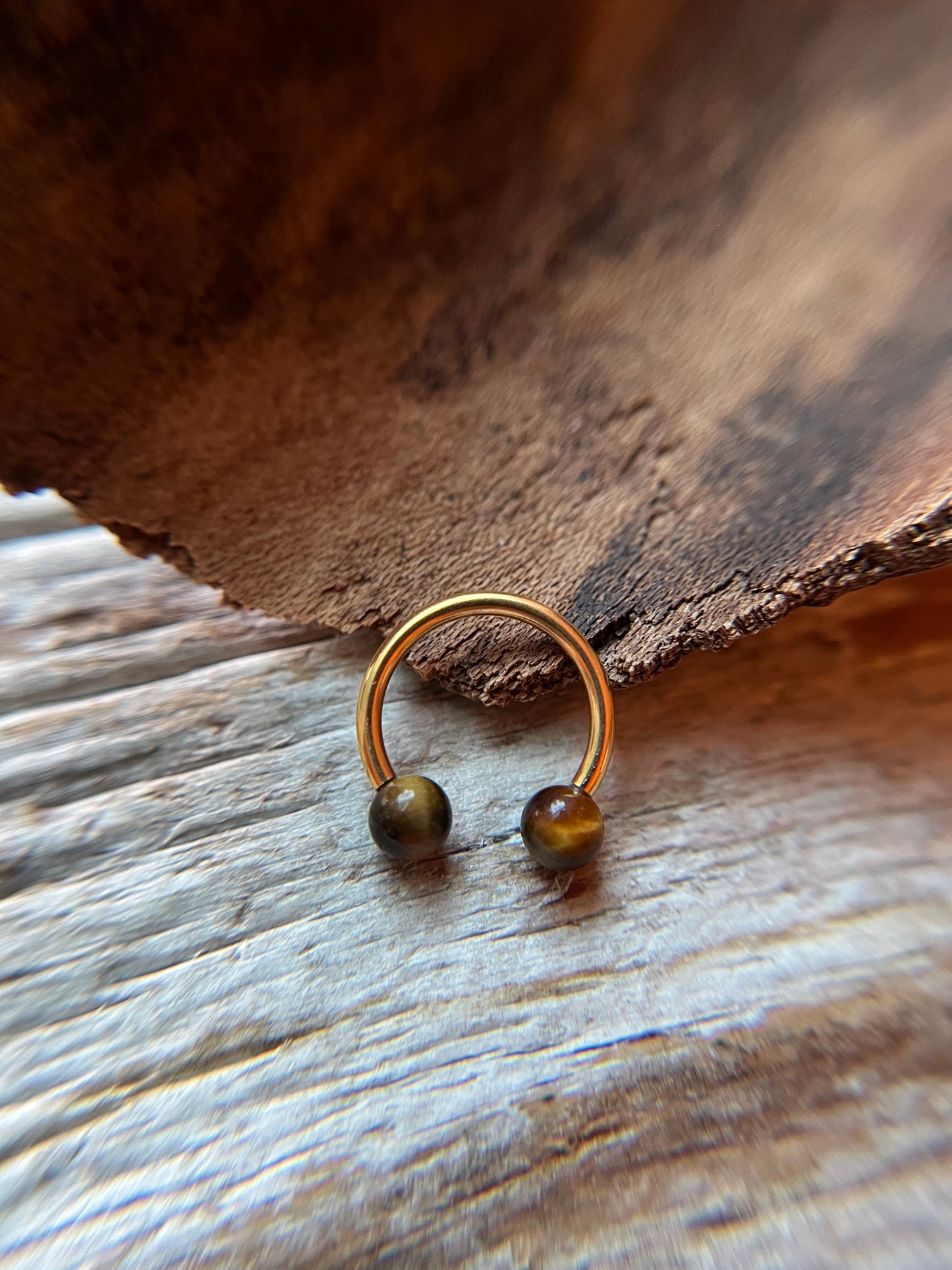 Yellow Tiger's Eye Natural Stone Gold Titanium Ion Plated Horseshoe Ring