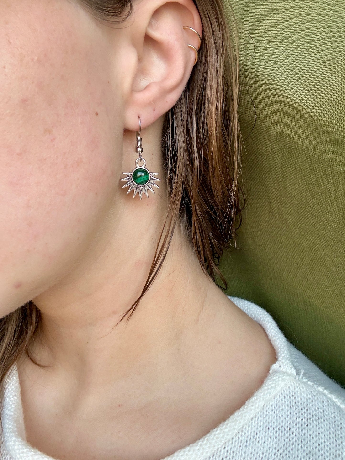 Malachite Natural Stone Aztec Sun Earrings