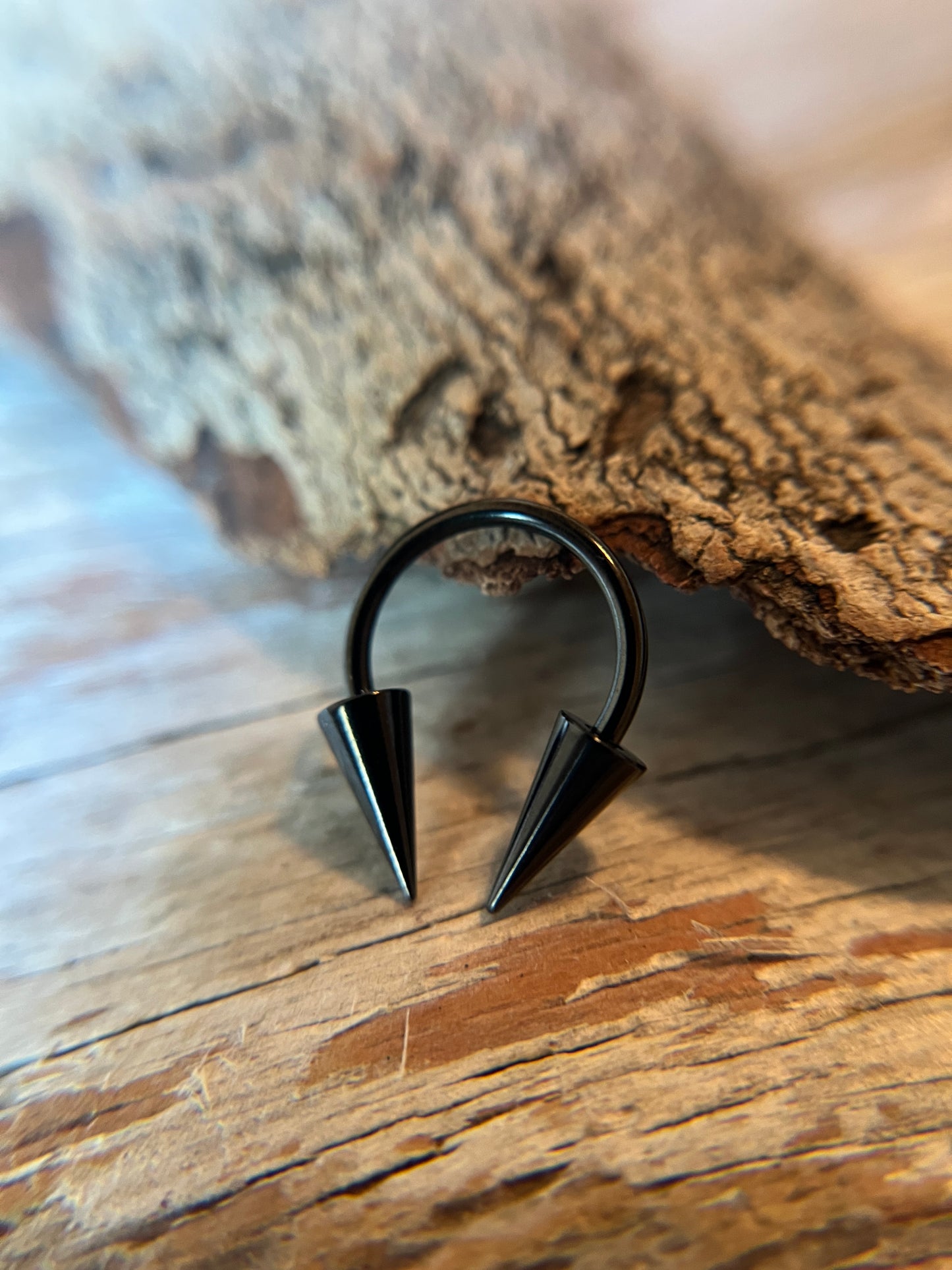 Black Titanium Ion Plated Long Spikes 16G Horseshoe Ring