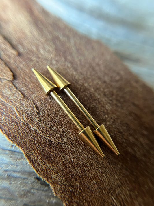 Pair of Long Spikes Gold Titanium IP 14G Nipple Piercing Barbells