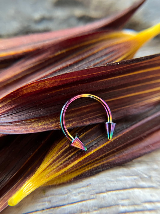 Rainbow Titanium Plated Pick Your Spike Length 16G Horseshoe Ring