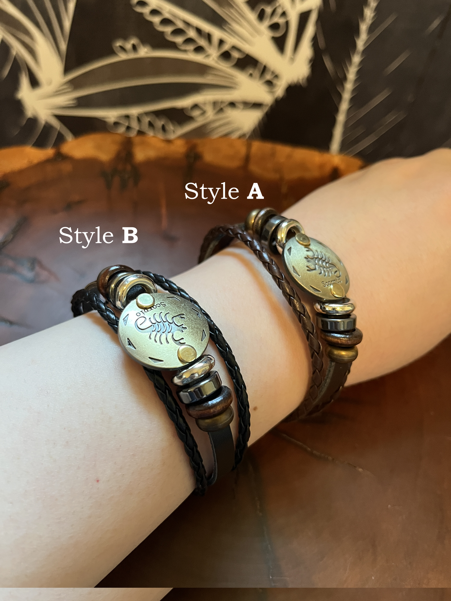 Leather and Brass Adjustable Zodiac Sign Bracelet