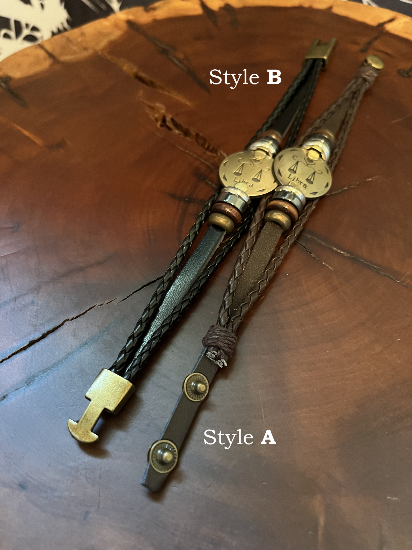 Leather and Brass Adjustable Zodiac Sign Bracelet