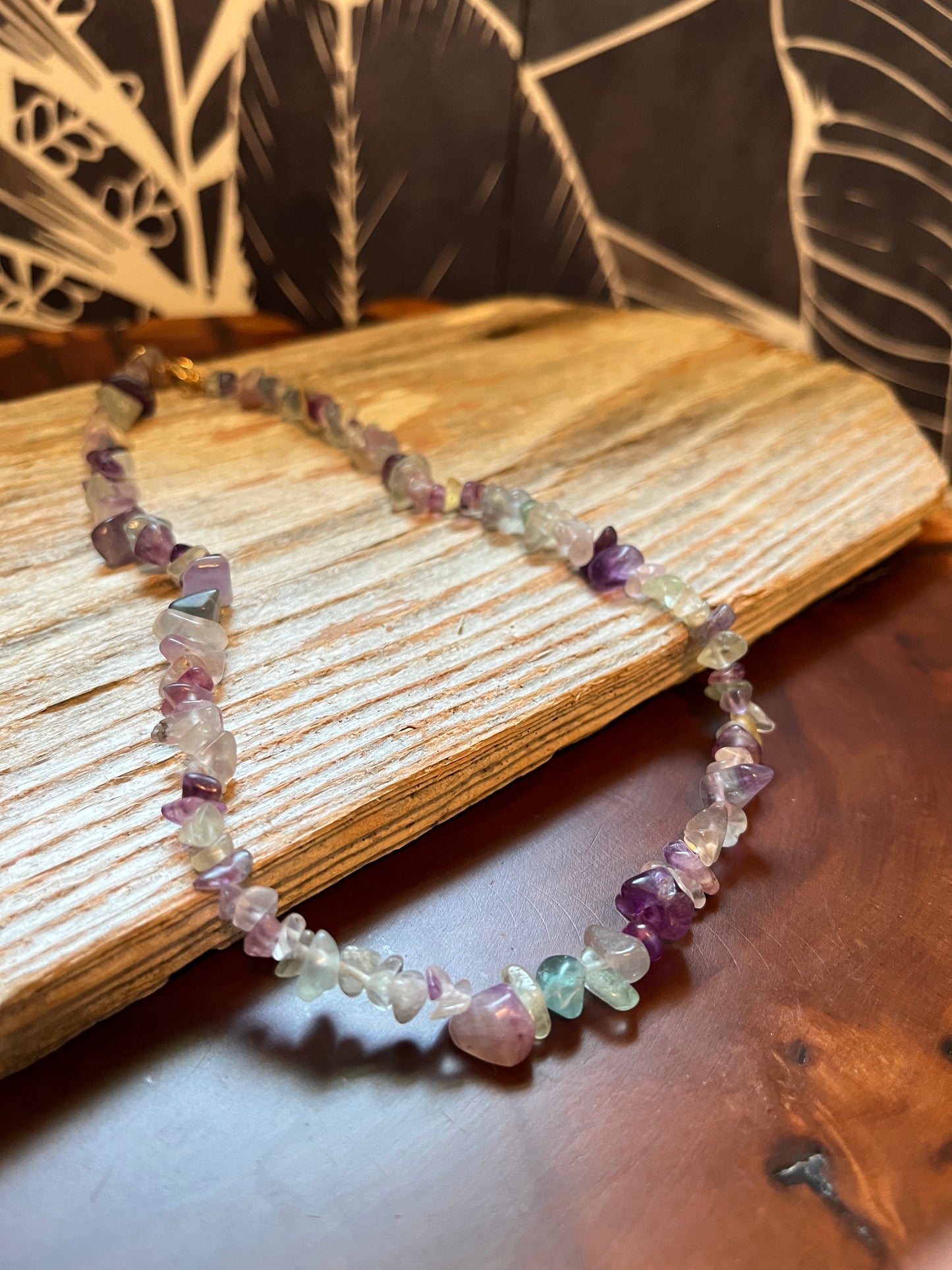 Rainbow Fluorite Natural Stone Chip Choker Necklace with Gold Accents