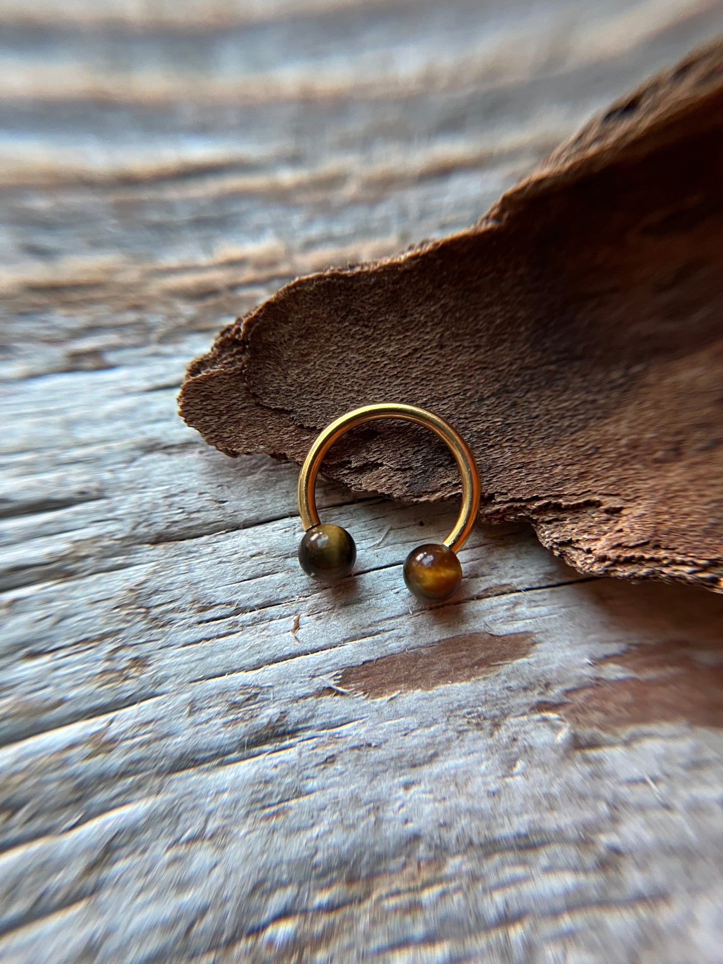 Yellow Tiger's Eye Natural Stone Gold Titanium Ion Plated Horseshoe Ring