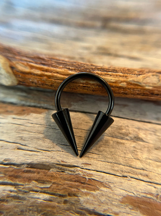 Black Titanium Ion Plated Extra Long Spikes 16G Horseshoe Ring