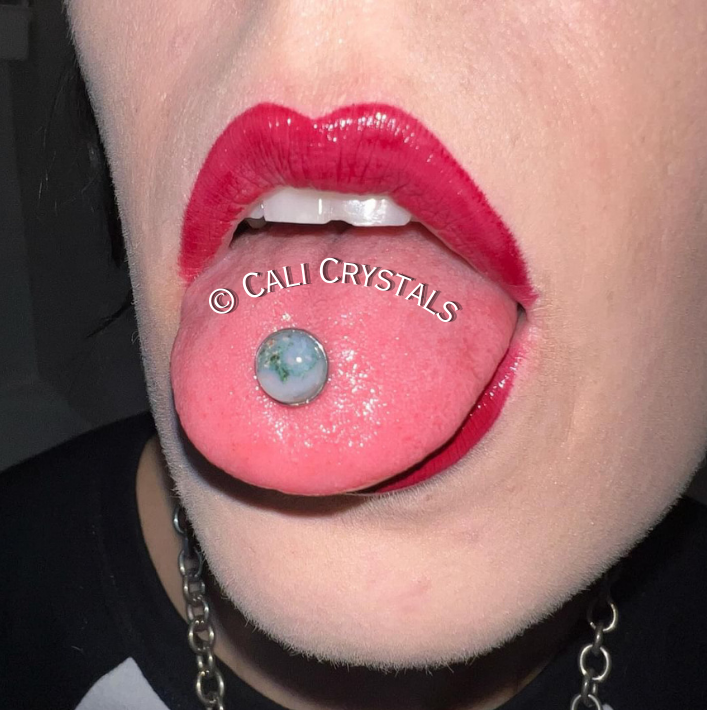 Moss Agate Natural Stone Tongue Piercing Barbell