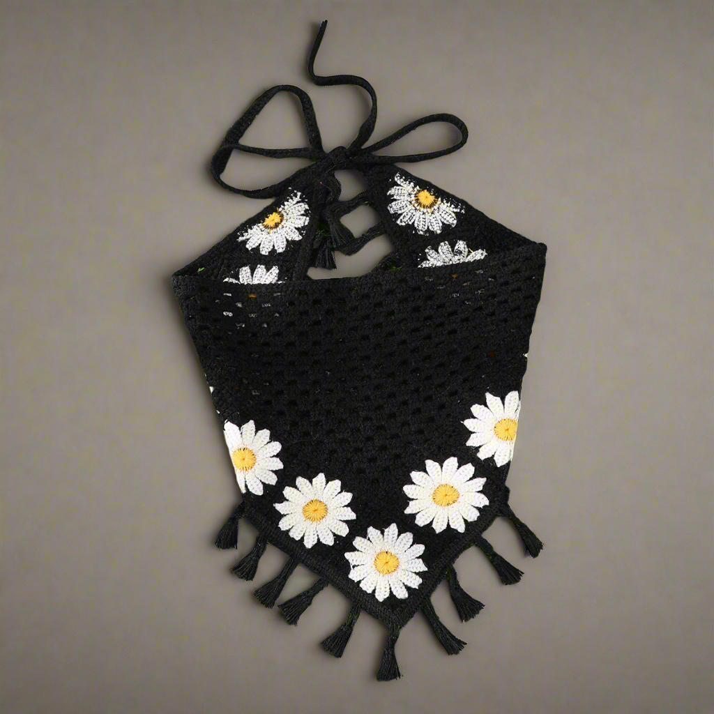 Boho Black Daisy Crochet Hair Bandana with Tassels