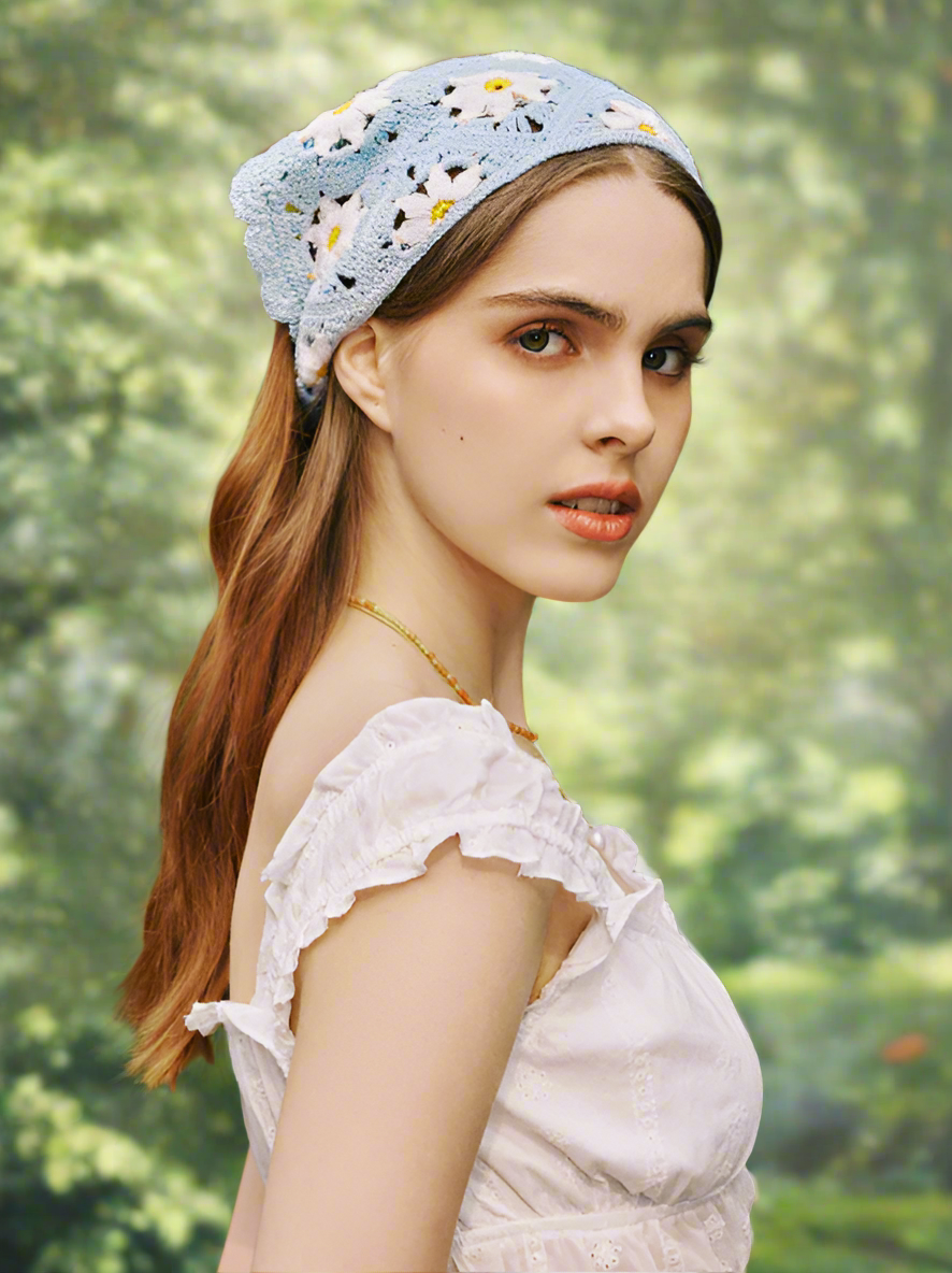 Vintage Style Dusty Blue Daisy Crochet Hair Bandana
