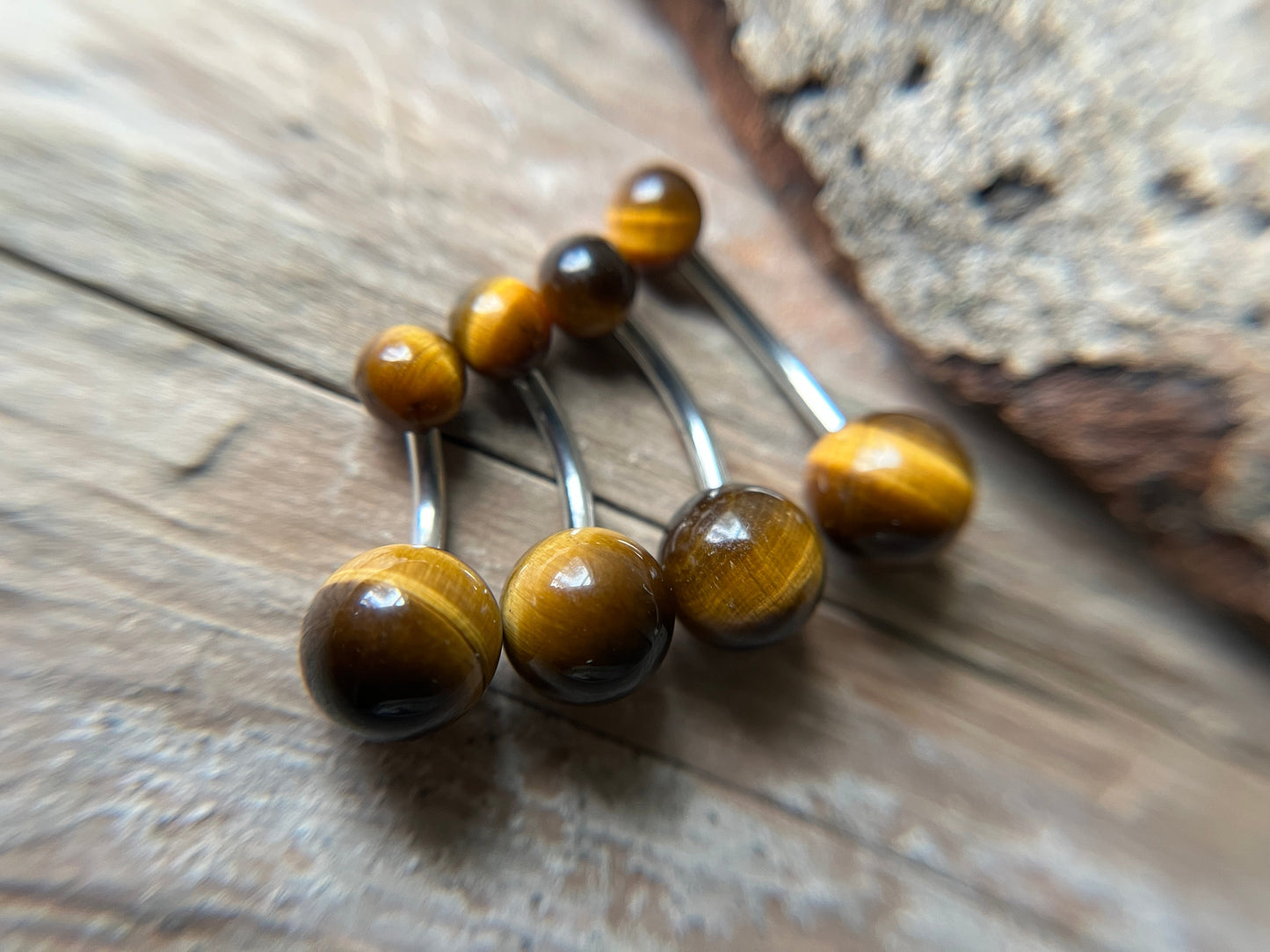 Yellow Tiger's Eye Natural Stone 14G Implant-Grade Titanium Curved Barbell