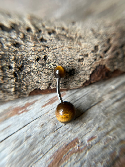 Yellow Tiger's Eye Natural Stone 14G Implant-Grade Titanium Curved Barbell