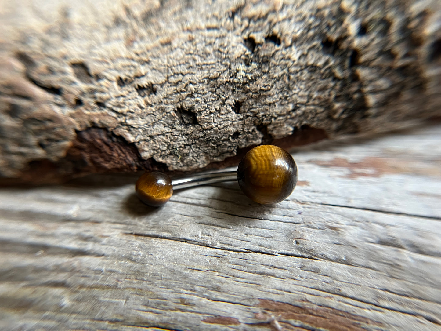 Yellow Tiger's Eye Natural Stone 14G Implant-Grade Titanium Curved Barbell