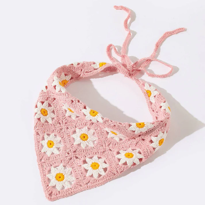 Vintage Style Pink Daisy Crochet Hair Bandana