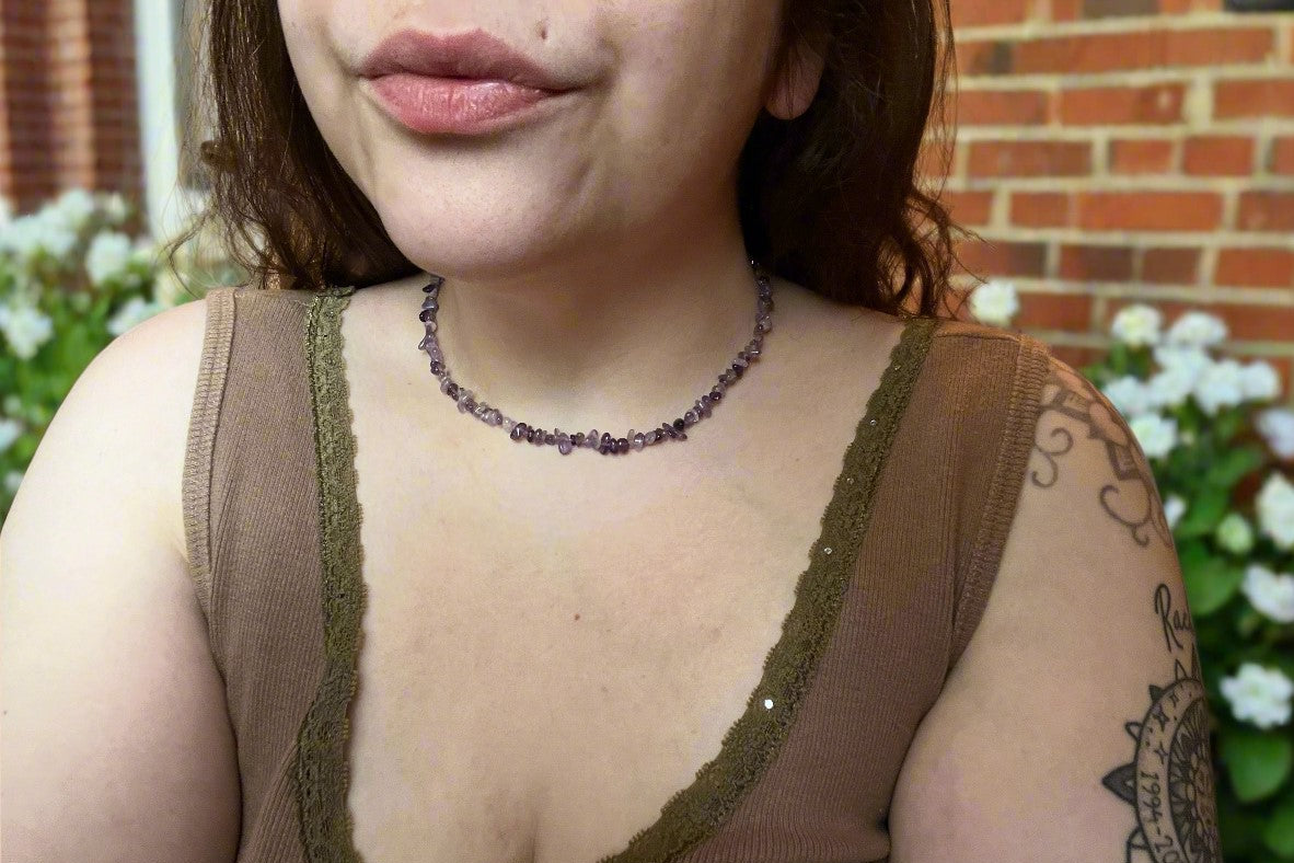 Amethyst Natural Stone Chip Choker Necklace with Gold Accents