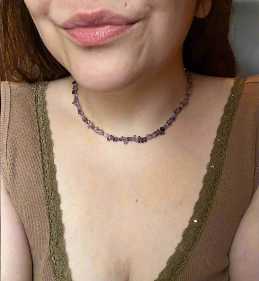 Amethyst Natural Stone Chip Choker Necklace with Gold Accents