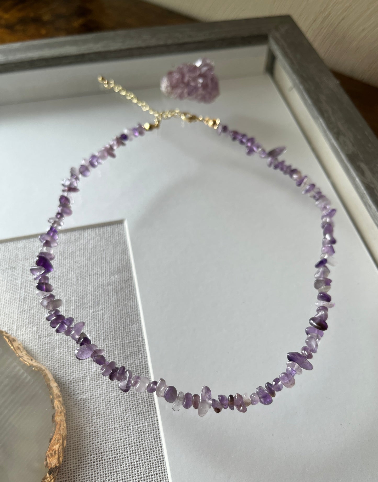 Amethyst Natural Stone Chip Choker Necklace with Gold Accents