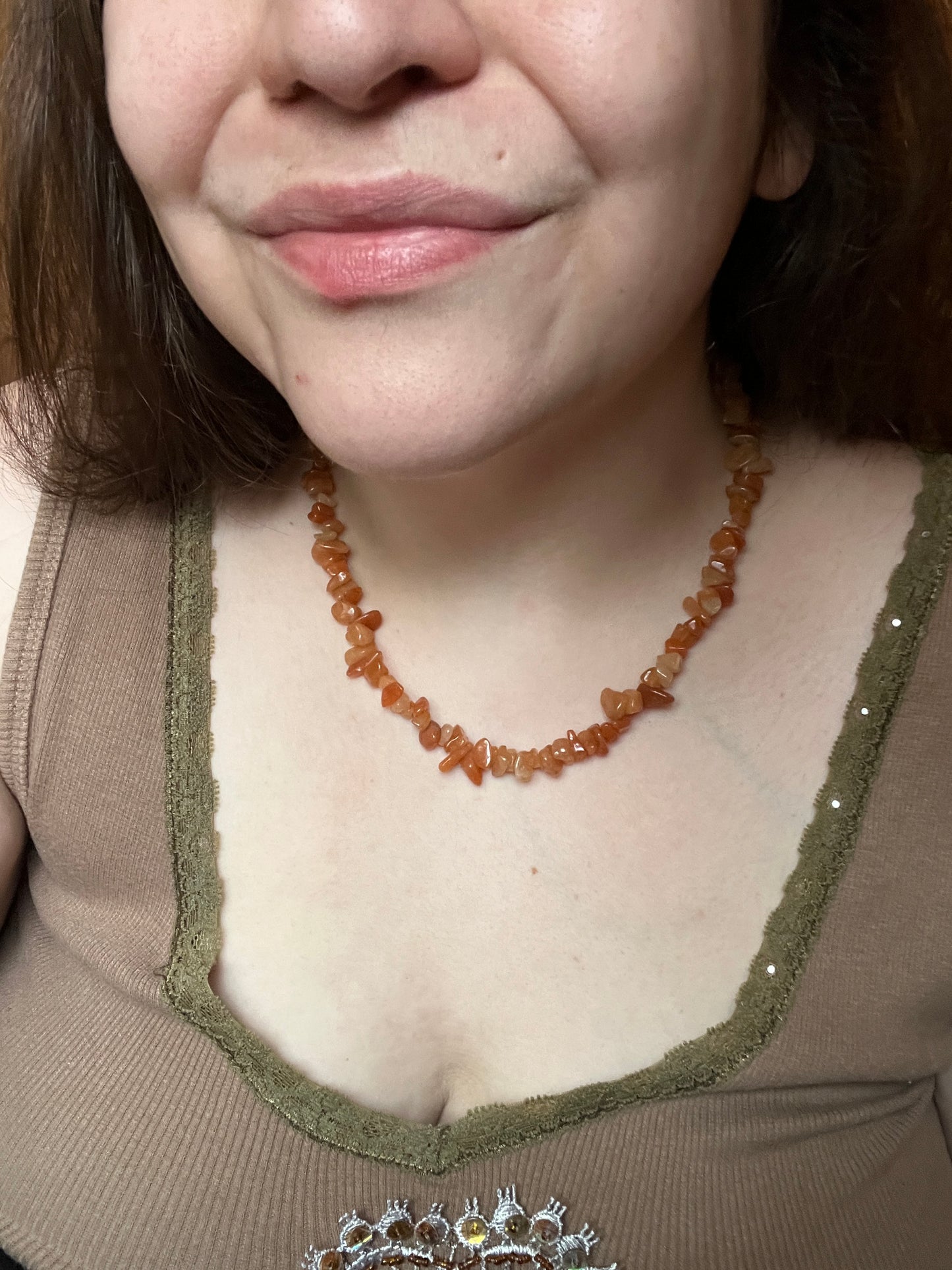 Carnelian Natural Stone Chip Choker Necklace with Gold Accents