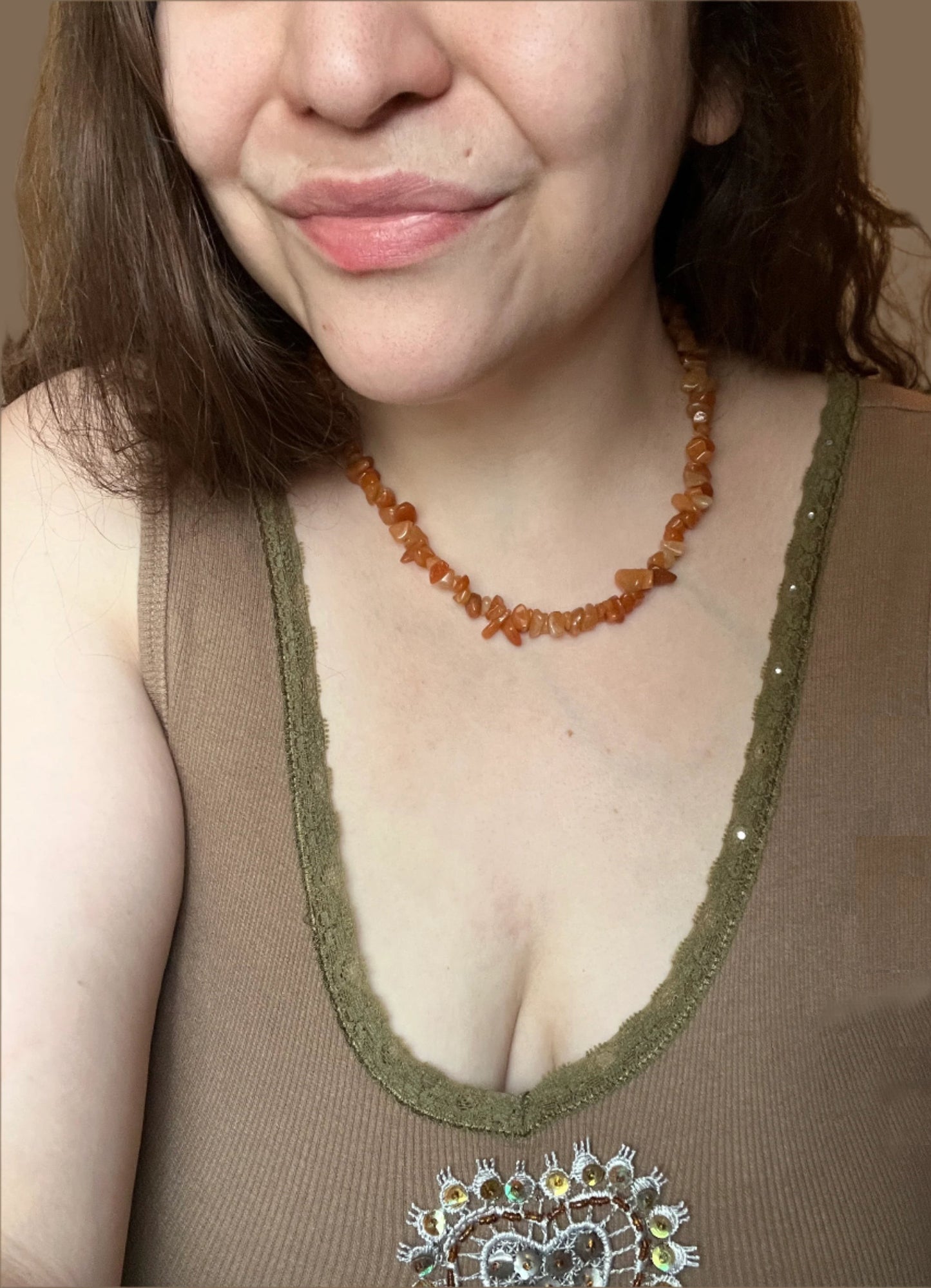 Carnelian Natural Stone Chip Choker Necklace with Gold Accents