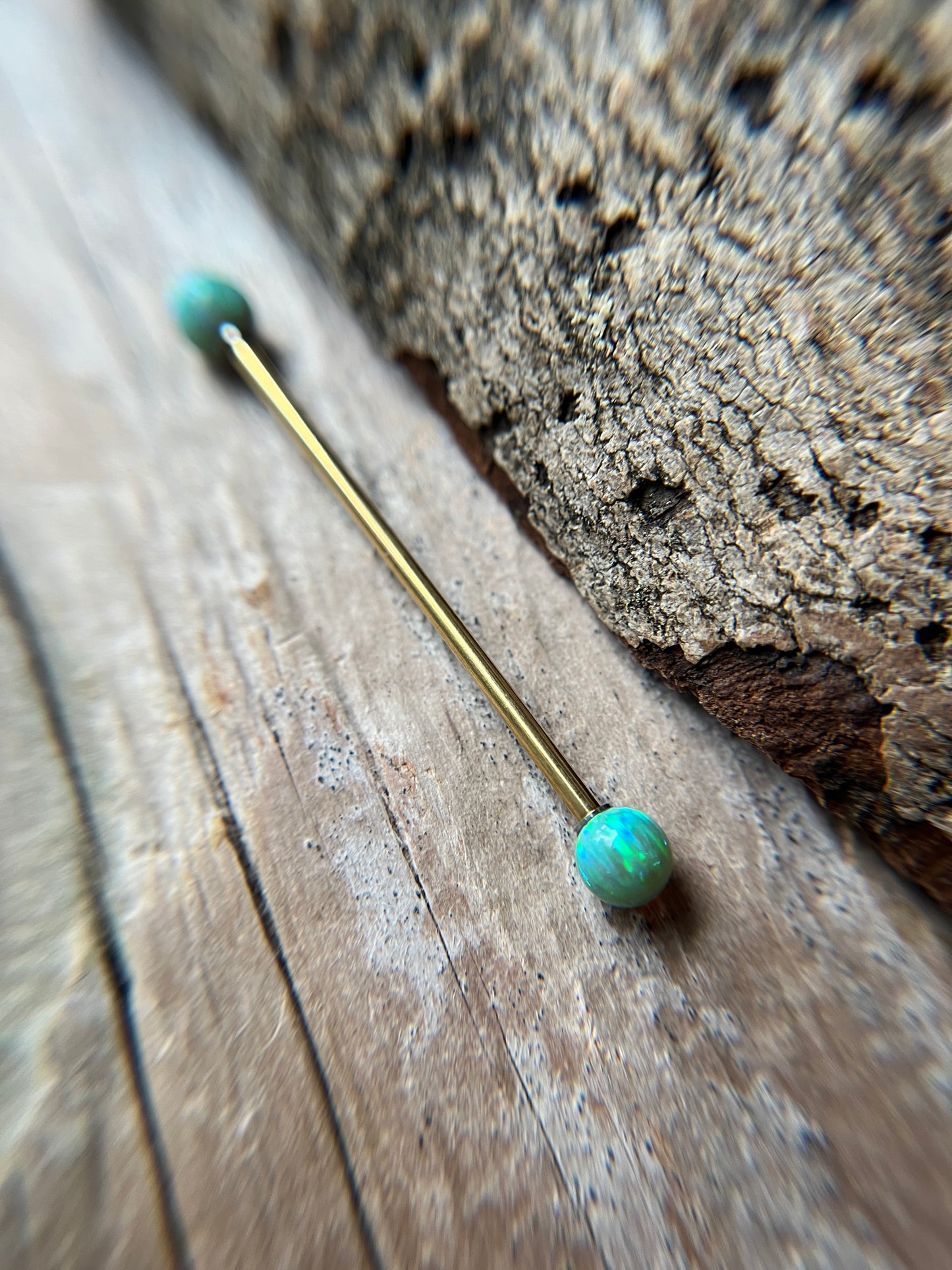 Jade Green Fire Opal Gold Titanium Ion Plated 14G Industrial Barbell