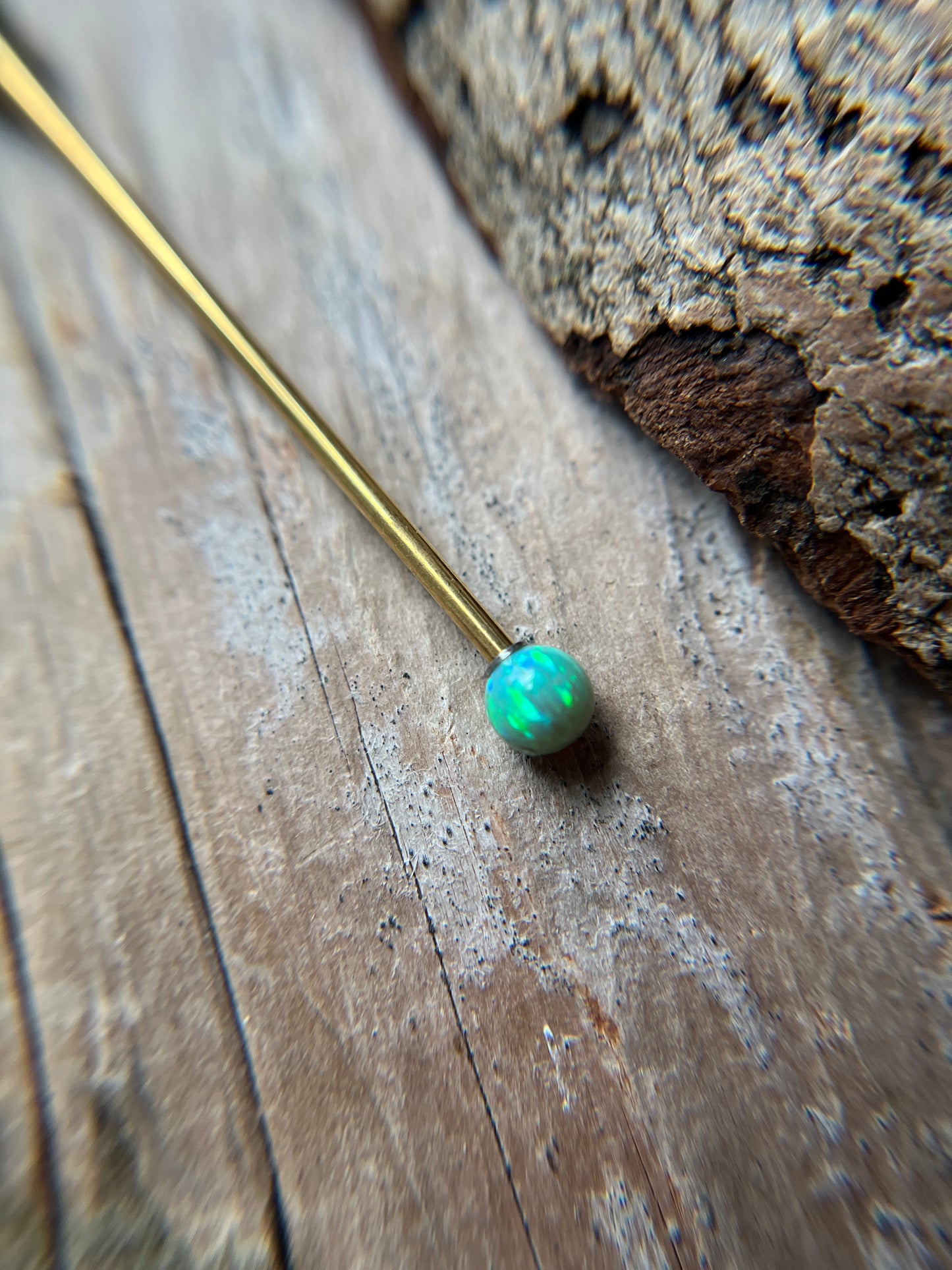 Jade Green Fire Opal Gold Titanium Ion Plated 14G Industrial Barbell
