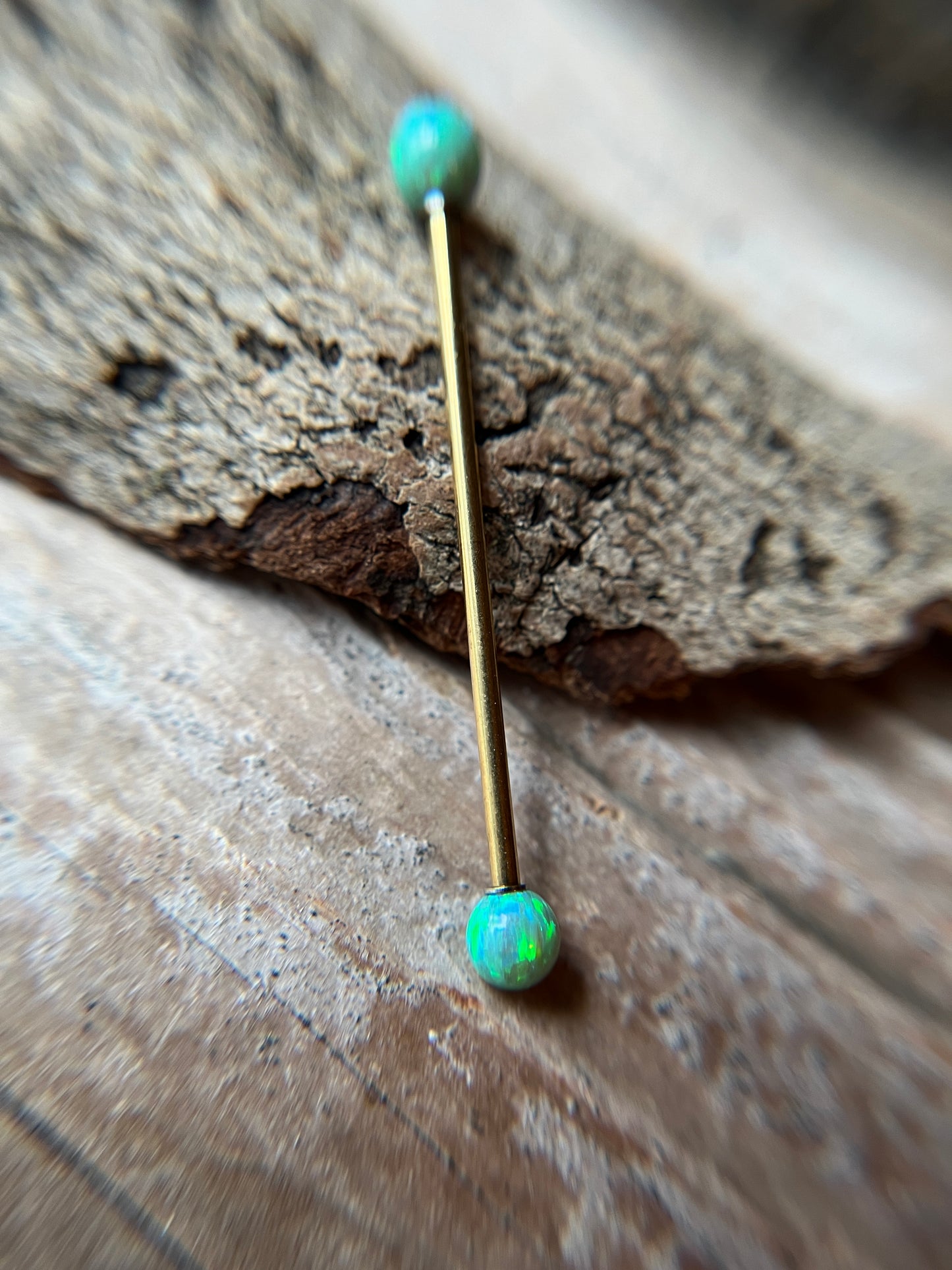 Jade Green Fire Opal Gold Titanium Ion Plated 14G Industrial Barbell