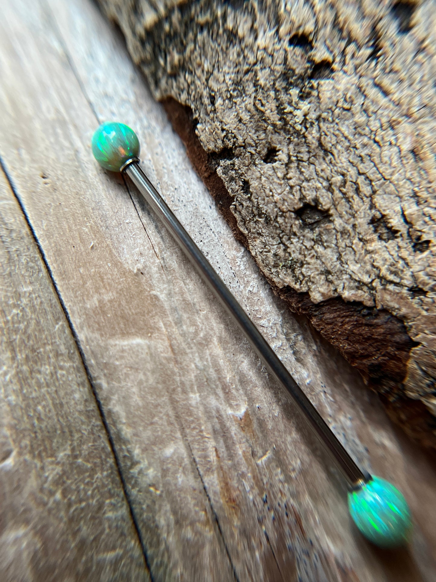 Jade Green Fire Opal Steel or Titanium 14G Industrial Barbell