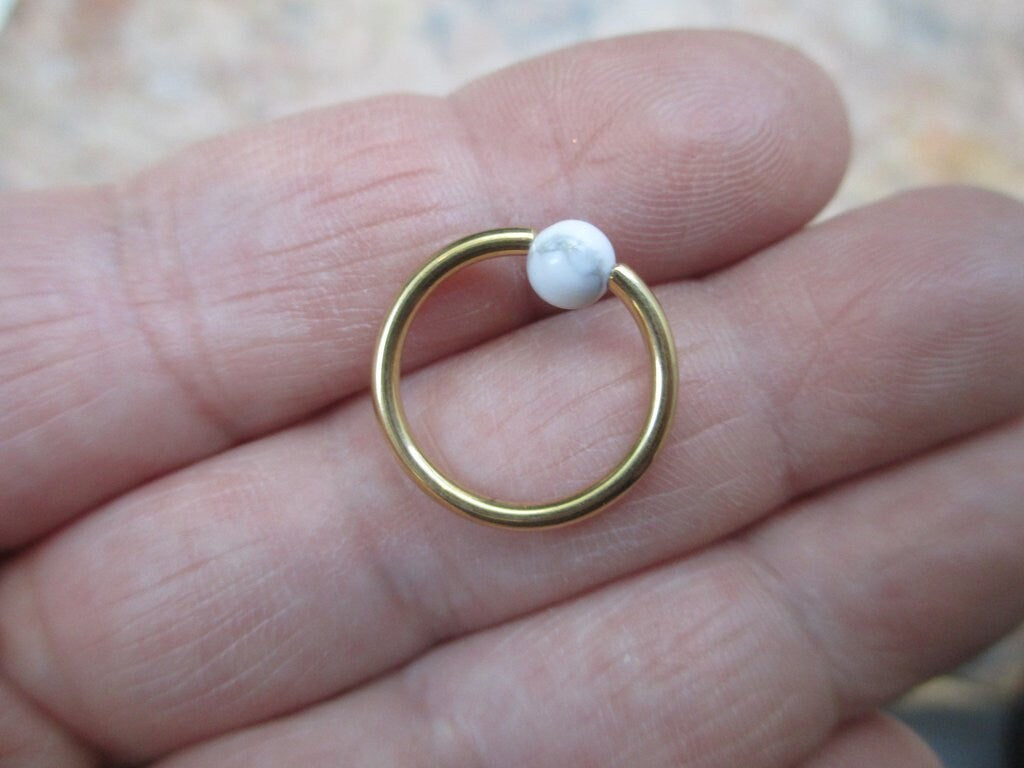 Natural White Howlite Stone Bead Gold Titanium Plated CBR Ring Hoop 16G (1.2mm) 14G (1.6mm) Nose Cartilage Septum Piercing 316L Steel